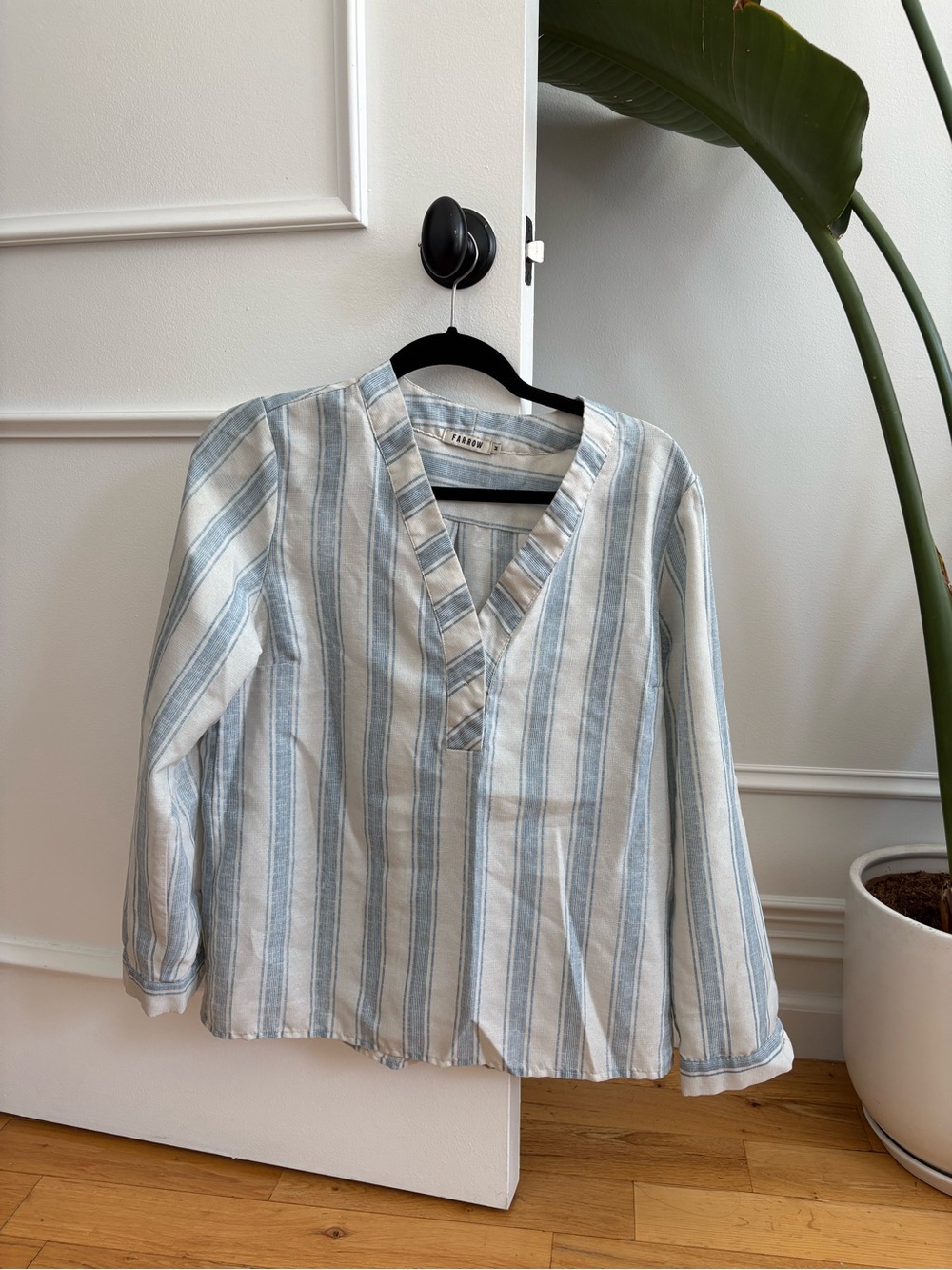FARROW Light Blue & White Striped V-Neck Women’s Blouse